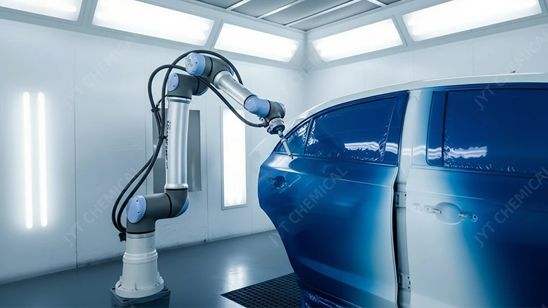 Robotic spray equipment applying a glossy coating to a vehicle panel