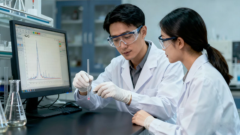 Illustrative laboratory team reviewing chemical test results